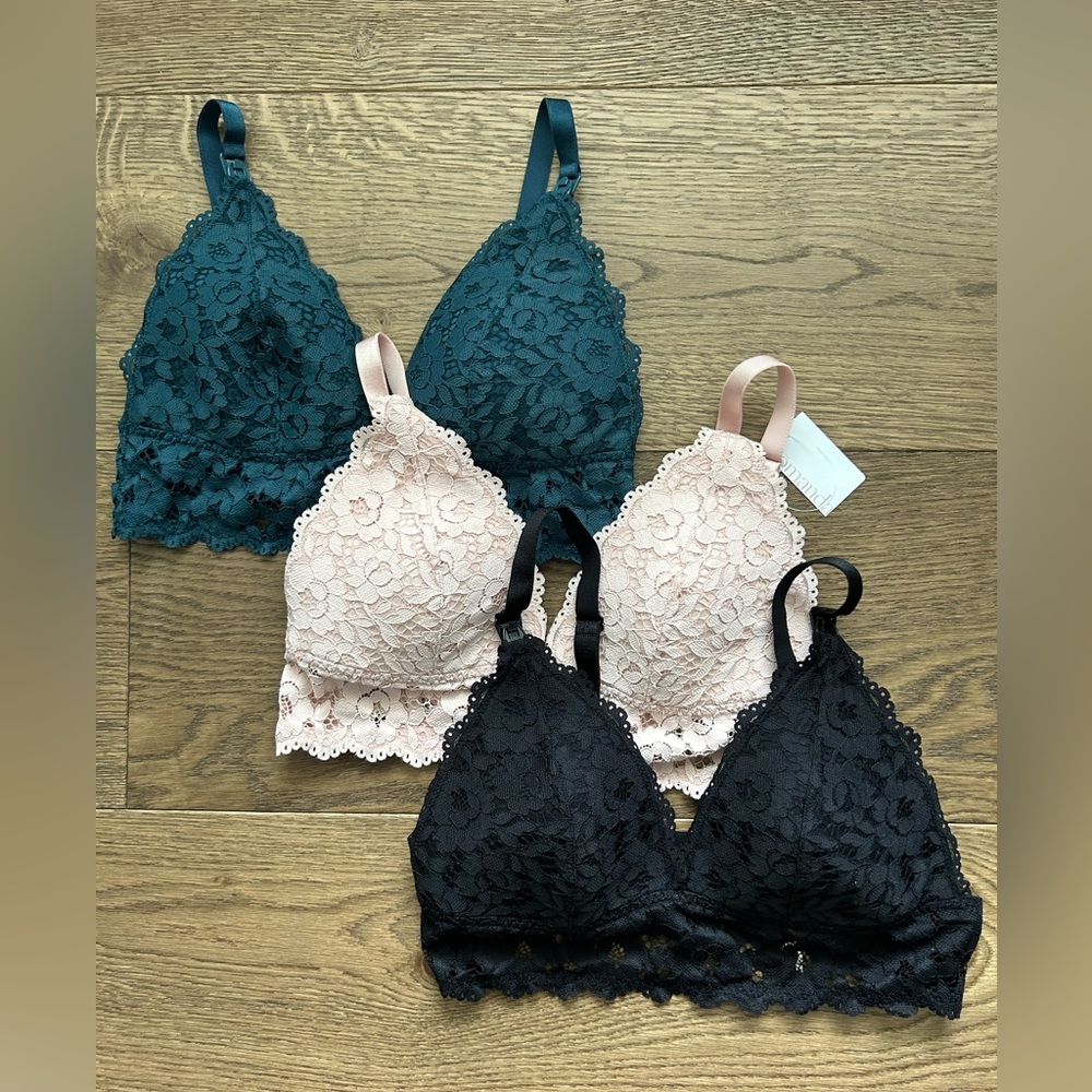 Elegant Lace Nursing Bralette Trio - Pink, Black, Green